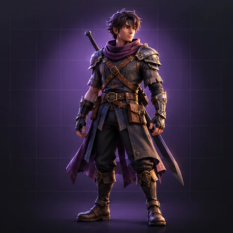 Generated hero character in layered leather armor with a sword and purple scarf