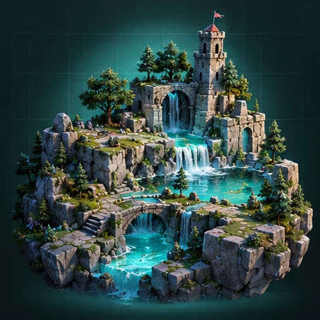 Generated floating island environment with a stone tower, waterfalls and pine trees