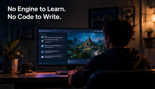 No engine to learn, no code to write: a creator chatting with Tenscraft while a castle scene renders on screen