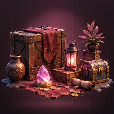 Generated props: wooden crate, lantern, treasure chest, pink crystal, vase and scroll