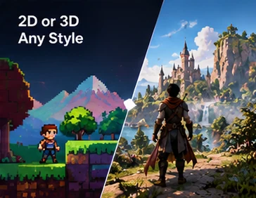 2D or 3D, any style: the same scene as pixel art and as a stylized 3D world