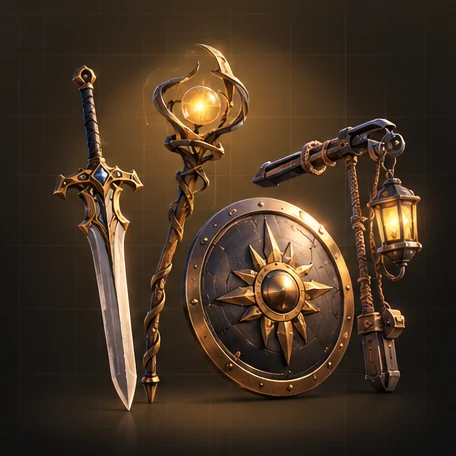 Generated sword, glowing staff, sun-emblem shield and lantern mace